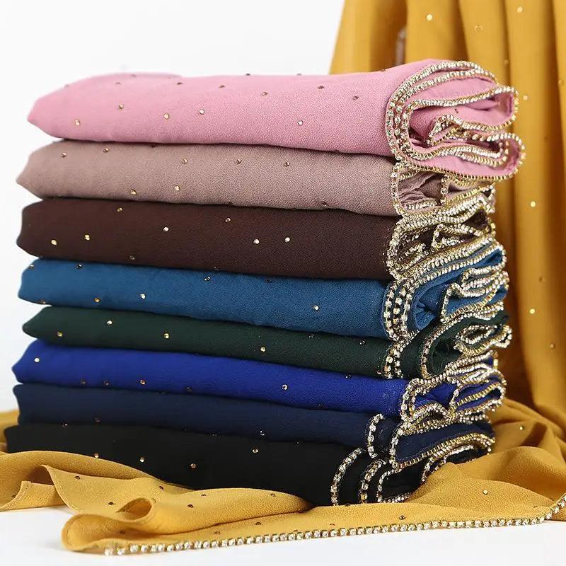New Luxurious Gold Chiffon Head Scarf Solid Soft Long Muslim Scarves For Women Hijab Musulman Female Shawl and Wrap