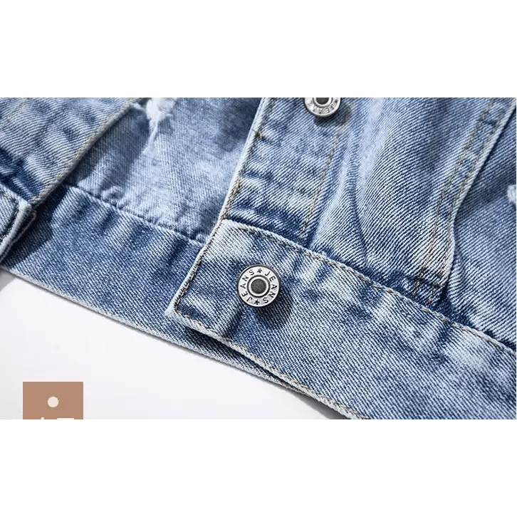 New Sizzling Women's Denim Jacket Fashionable Streetwear Letter Stylish Chic Printed Ripped Holes Jean Patchwork Jeans Female Coat