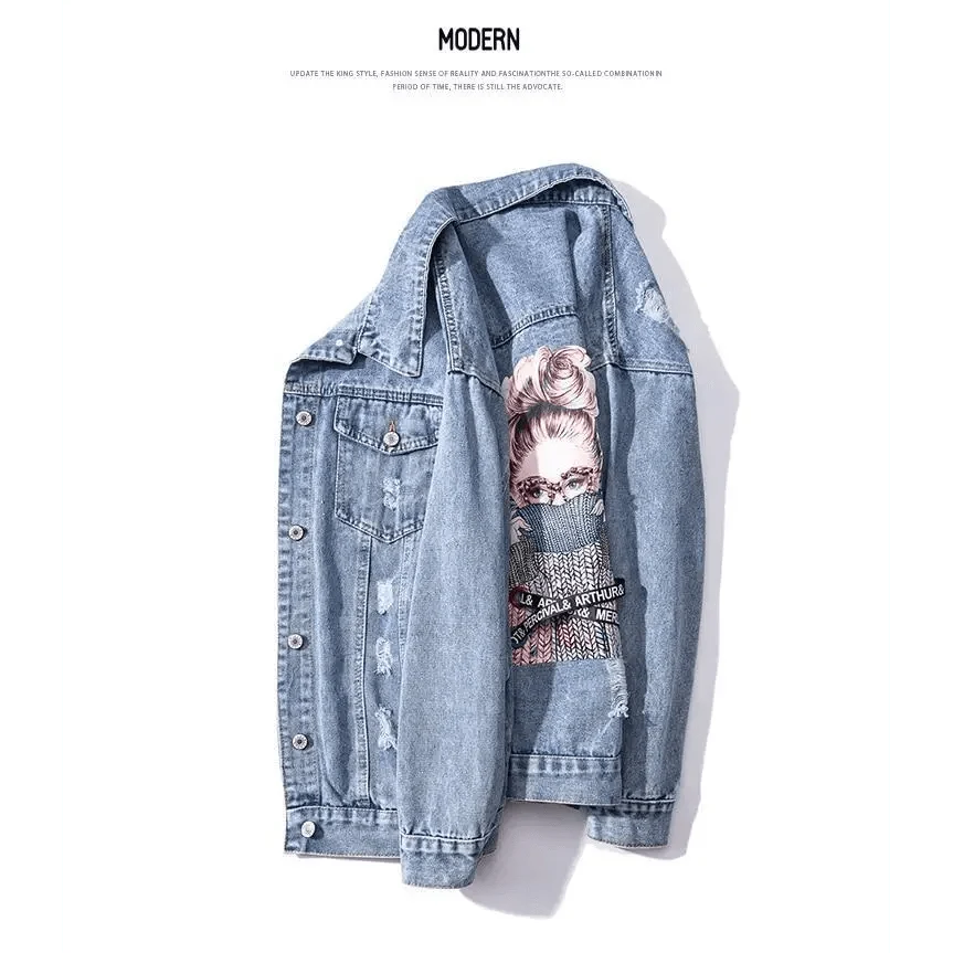 New Sizzling Women's Denim Jacket Fashionable Streetwear Letter Stylish Chic Printed Ripped Holes Jean Patchwork Jeans Female Coat