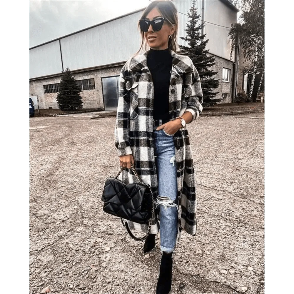New Trendy Women's Coat Autumn Winter Long Sleeve Red Plaid Jacket Women Lapel Single Breasted Cardigan Coat Turndown Collar Women Coat
