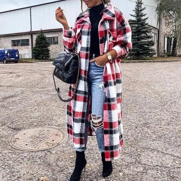 New Trendy Women's Coat Autumn Winter Long Sleeve Red Plaid Jacket Women Lapel Single Breasted Cardigan Coat Turndown Collar Women Coat