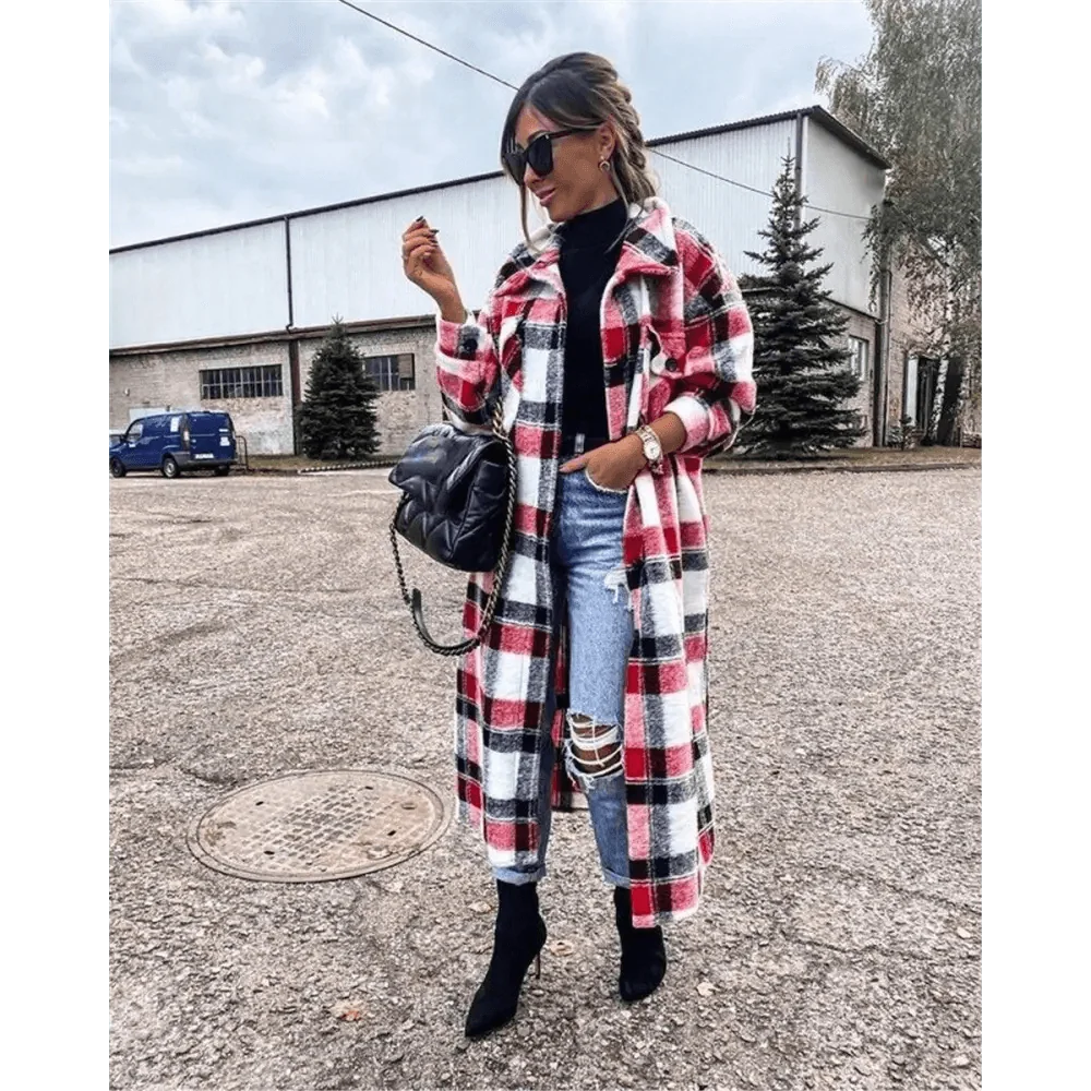 New Trendy Women's Coat Autumn Winter Long Sleeve Red Plaid Jacket Women Lapel Single Breasted Cardigan Coat Turndown Collar Women Coat