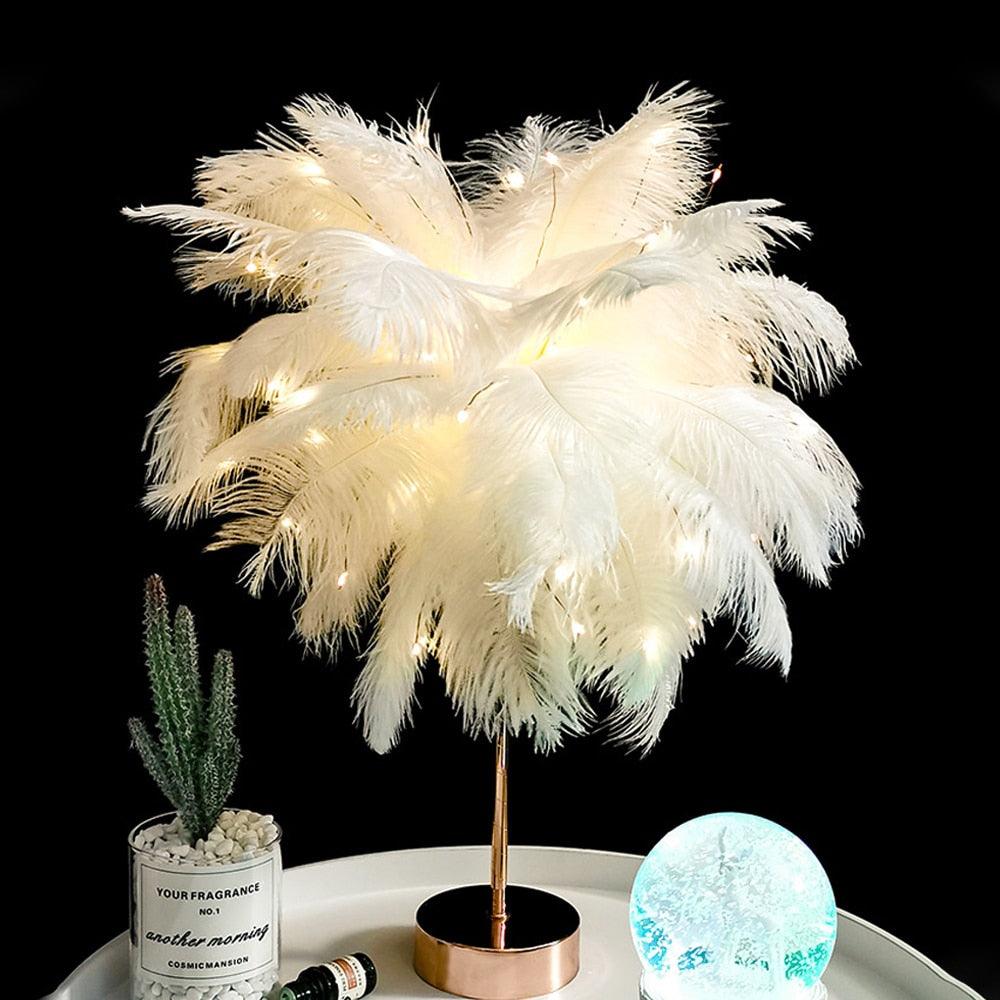 Novelty Feather Night Light Remote Fairy Copper Lamp for Home Living Room Bedroom Bedside Backlight Party Wedding Decoration Cute Study Lamps for Bedroom Décor