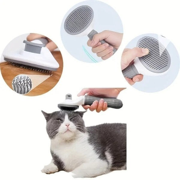 Pet Pretty Cat and Dog Grooming Brush with Rubber Handle and Easy-Clean Button