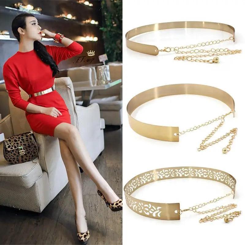 Shiny Women Metal Belt Luxurious Gold Dress Chain Belts Elegant Polished Adjustable Metal Mirror Waist Belt