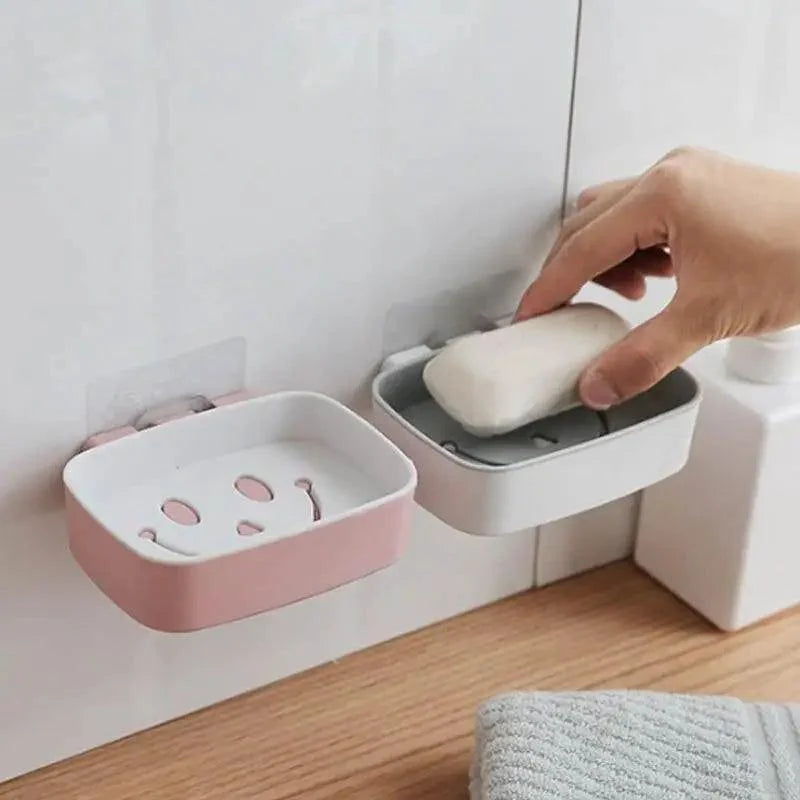 Soap Rack No Drilling Wall Mounted Double Layer Soap Holder Soap Sponge Dish Bathroom Accessories Soap Dishes Self Adhesive Soap Dish Bar Soap Holder Soap Dishes Tray Saver Case Box for Shower Bathroom Kitchen Dish Drainer Drying Rack