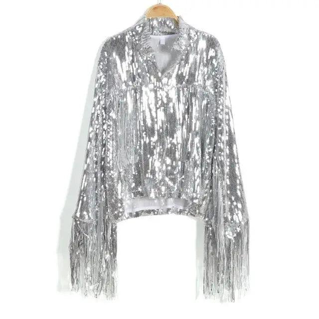 Sterlling Women's Tassel Sequin Jacket Autumn Winter Streewear Rock Stylish Long-sleeved Silver Reflective Jacket Women Outwear Tops