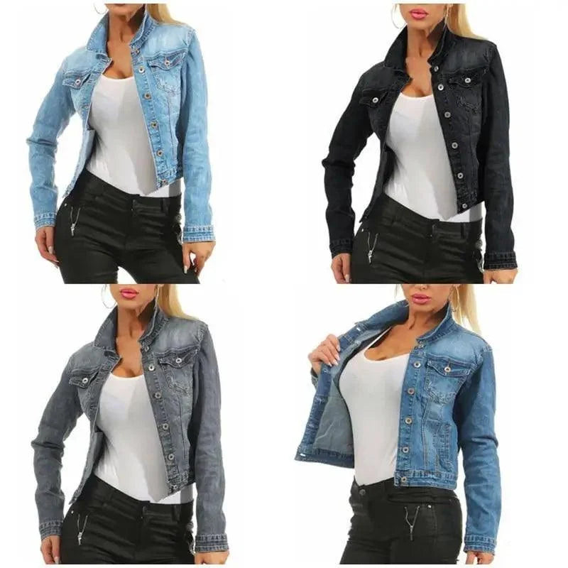 Unique Design Women's Denim Cropped Jacket Female Pockets Hole Short Jean Jackets Ladies Fashionable Button Casual Solid Coats