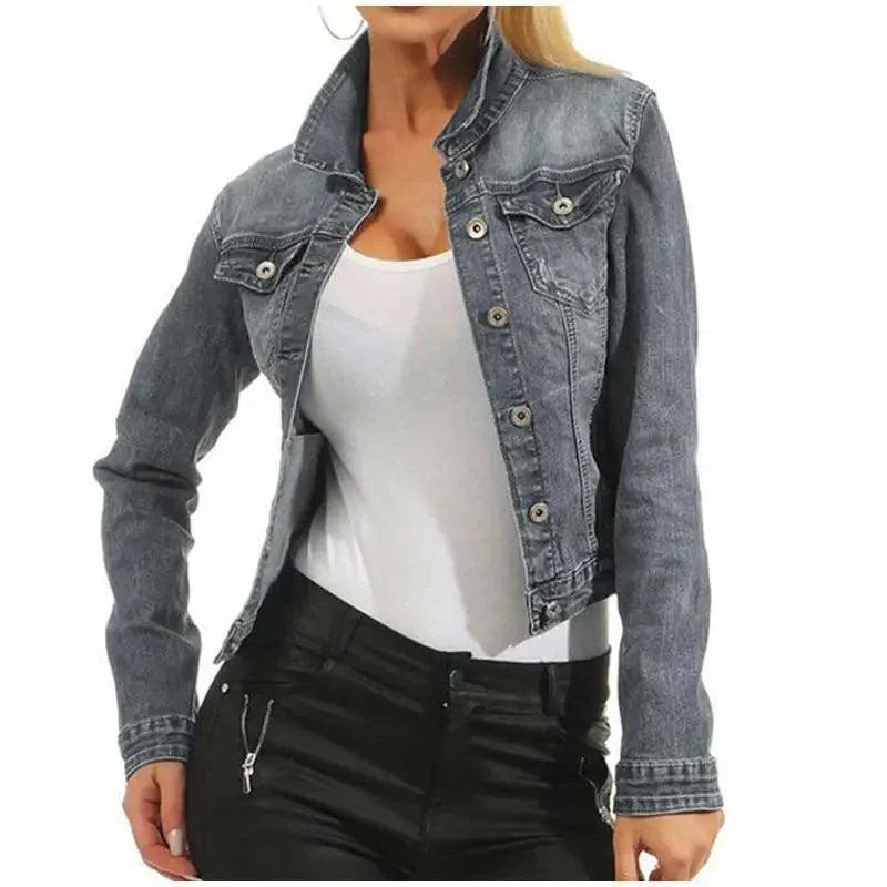 Unique Design Women's Denim Cropped Jacket Female Pockets Hole Short Jean Jackets Ladies Fashionable Button Casual Solid Coats