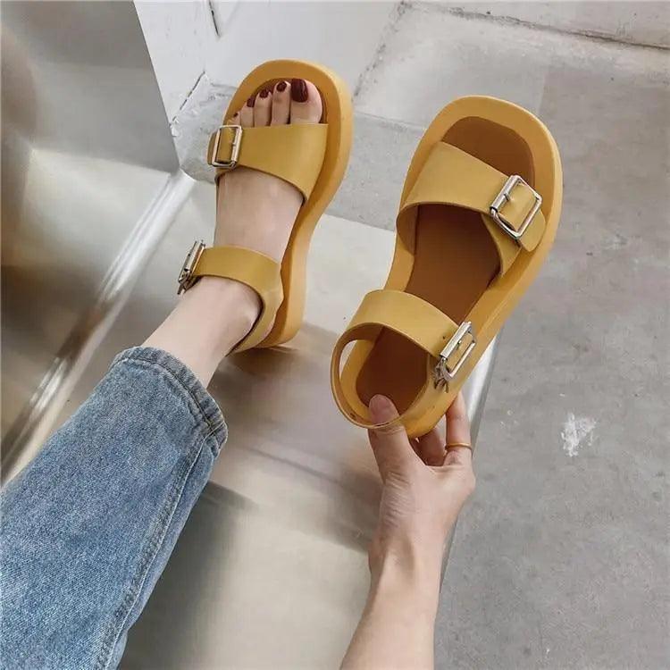 White Womans Sandals Flat Round Sandals Elegant Modern Buckle Strap Comfort Design