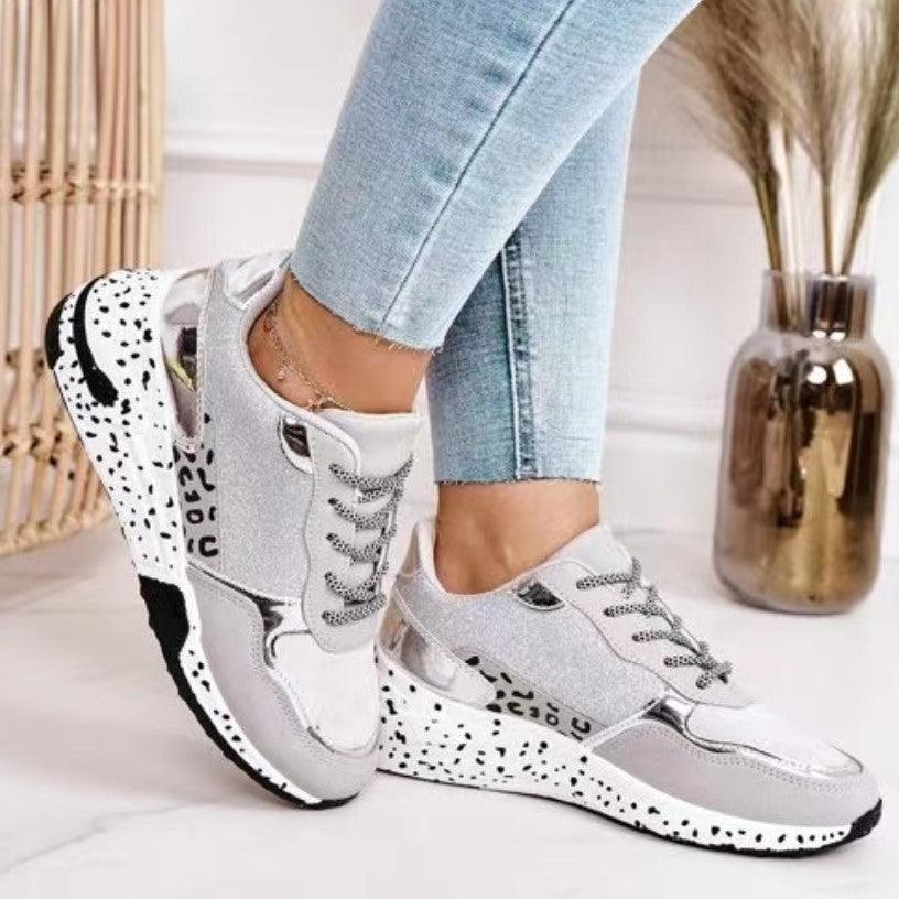 Women Sneakers Leopard Print Lace-Up Women's Vulcanize Shoes Sports Sneakers Breathable Height Increasing Walking Jogging Sneakers Gold Silver Sport Running Women's Sneakers
