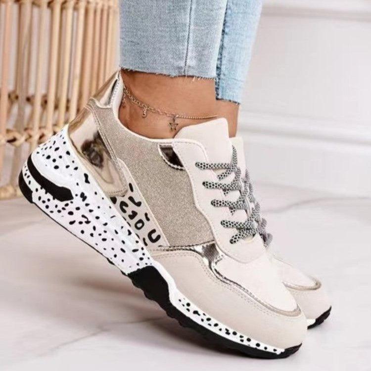 Women Sneakers Leopard Print Lace-Up Women's Vulcanize Shoes Sports Sneakers Breathable Height Increasing Walking Jogging Sneakers Gold Silver Sport Running Women's Sneakers