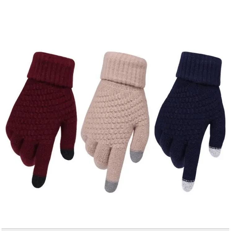 Women Winter Modern Touchscreen Gloves Thicken Warm Knitted Stretch One Size Gloves Full Finger Outdoor Skiing Gloves
